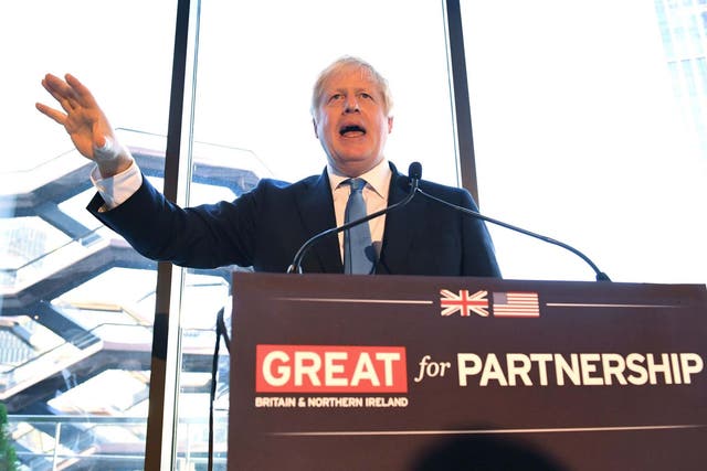 Prime Minister Boris Johnson addresses US business leaders at Hudson Yards in New York on Tuesday