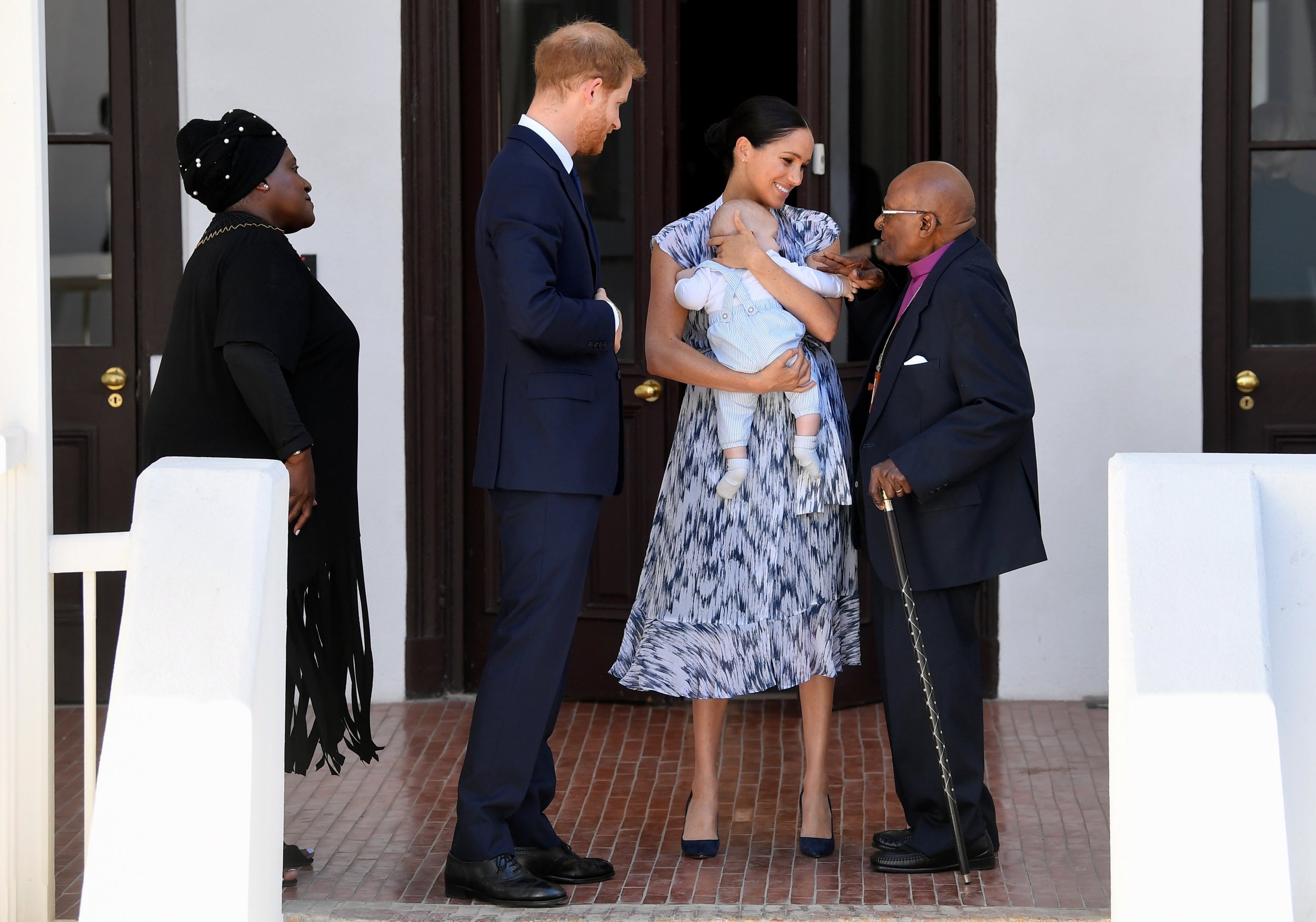 Meghan holds four-month-old Archie as they and Prince Harry make the acquaintance of Archbishop Desmond Tutu and his daughter, Thandeka at the Desmond and Leah Tutu Legacy Foundation in Cape Town, South Africa.