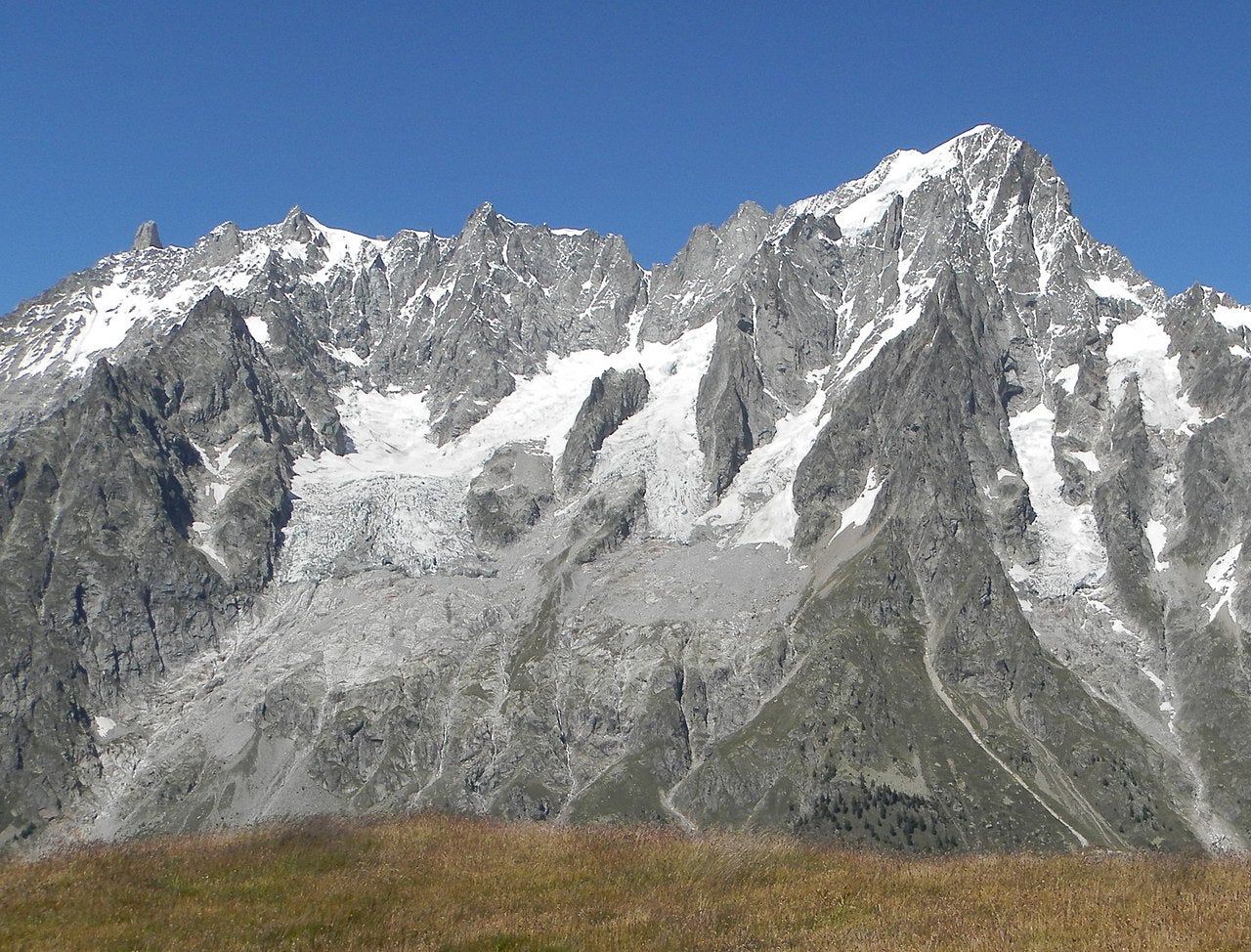 The Planpincieux glacier (seen on the left) on the southern slopes of the Grandes Jorasses in the Mont Blanc massif