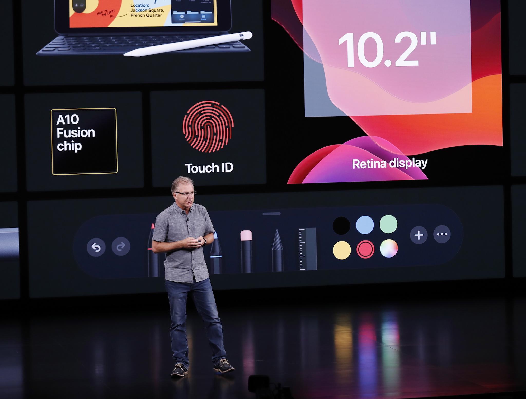 Apple Vice President of worldwide iPod, iPhone, and iOS product marketing Greg Joswiak speaks during the Apple Special Event in the Steve Jobs Theater at Apple Park in Cupertino, California