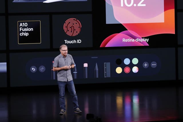 Apple Vice President of worldwide iPod, iPhone, and iOS product marketing Greg Joswiak speaks during the Apple Special Event in the Steve Jobs Theater at Apple Park in Cupertino, California