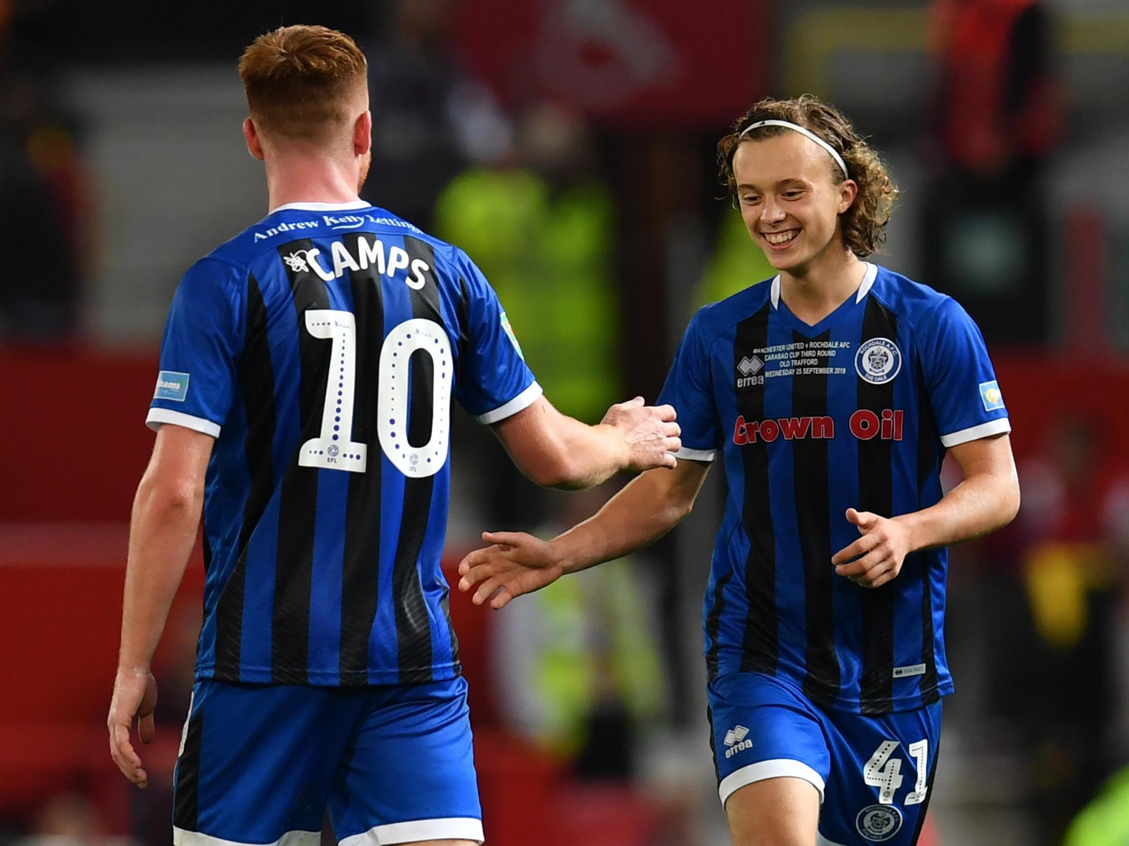 Rochdale goalscorer Luke Matheson celebrates his equaliser