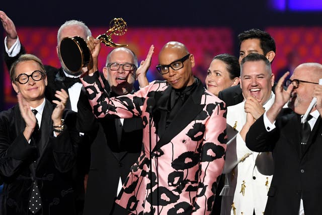 Cast and crew of RuPaul's Drag Race accepting an Emmy award for Outstanding Competition Program on 22 September 2019
