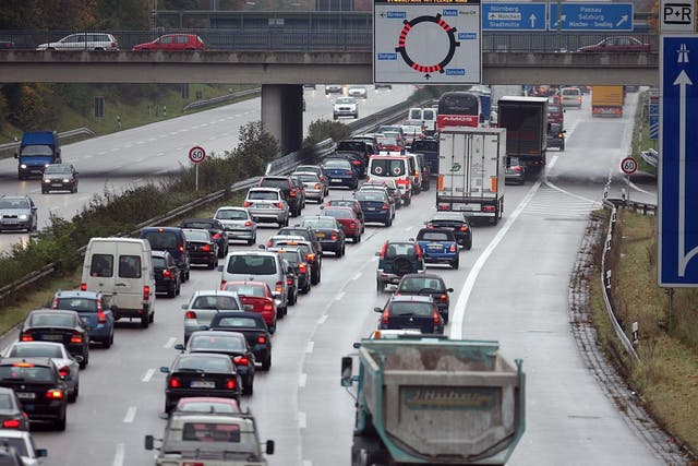 Stock image of traffic on A96 motorway in Munich, Germany.