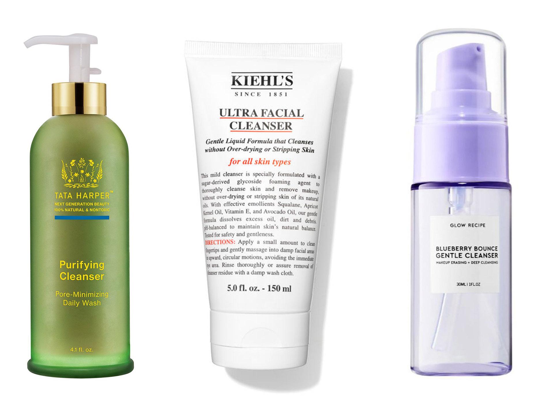 Tata Harper, Purifying Cleanser, £66, Cult Beauty; Kiehl’s, Ultra Facial Cleanser, £16.50, Space NK; Glow Recipe, Blueberry Bounce Gently Cleanser, £10, Cult Beauty