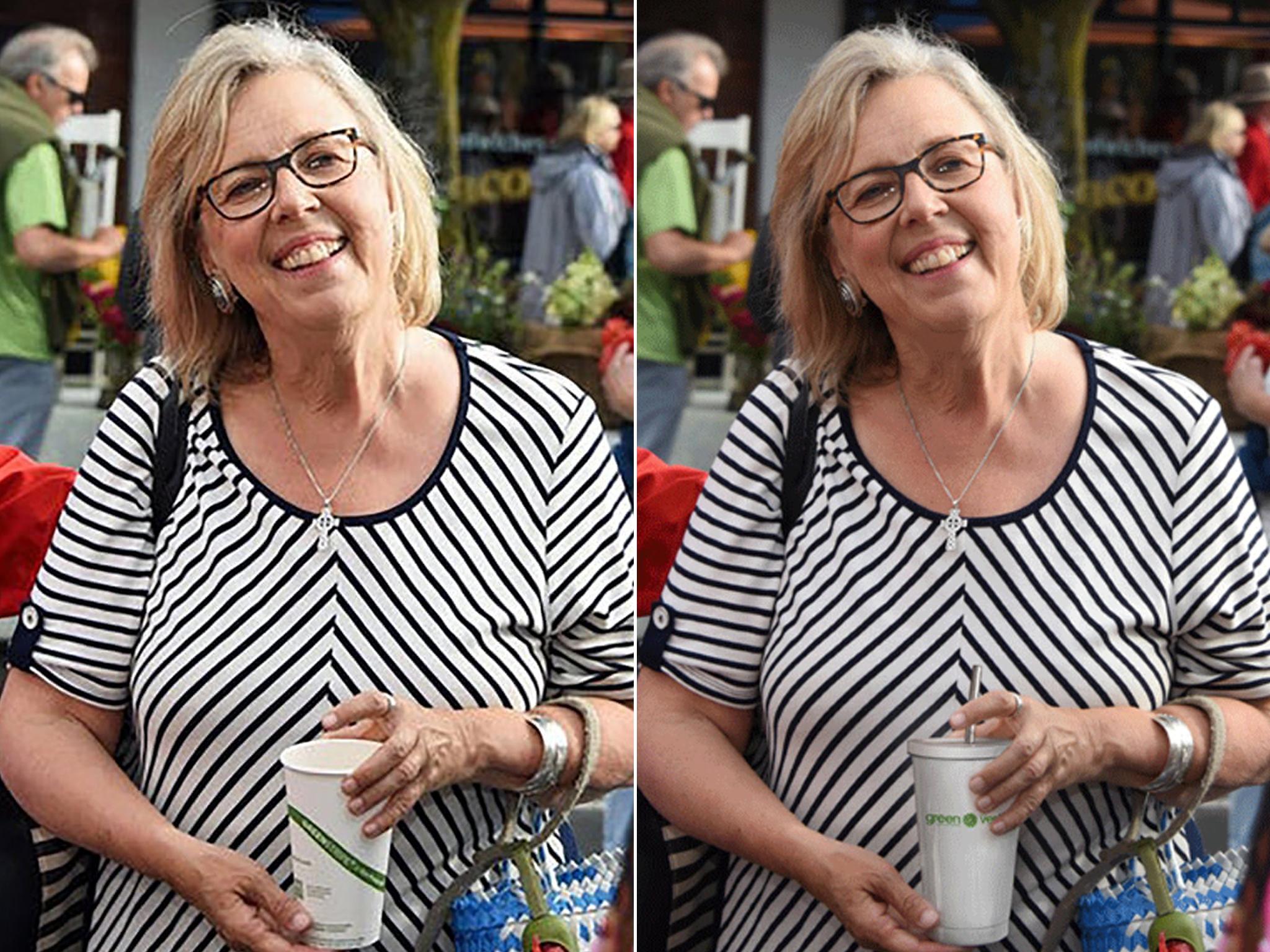 Staff for Green Party leader Elizabeth May altered a photo to show her holding a reusable cup.