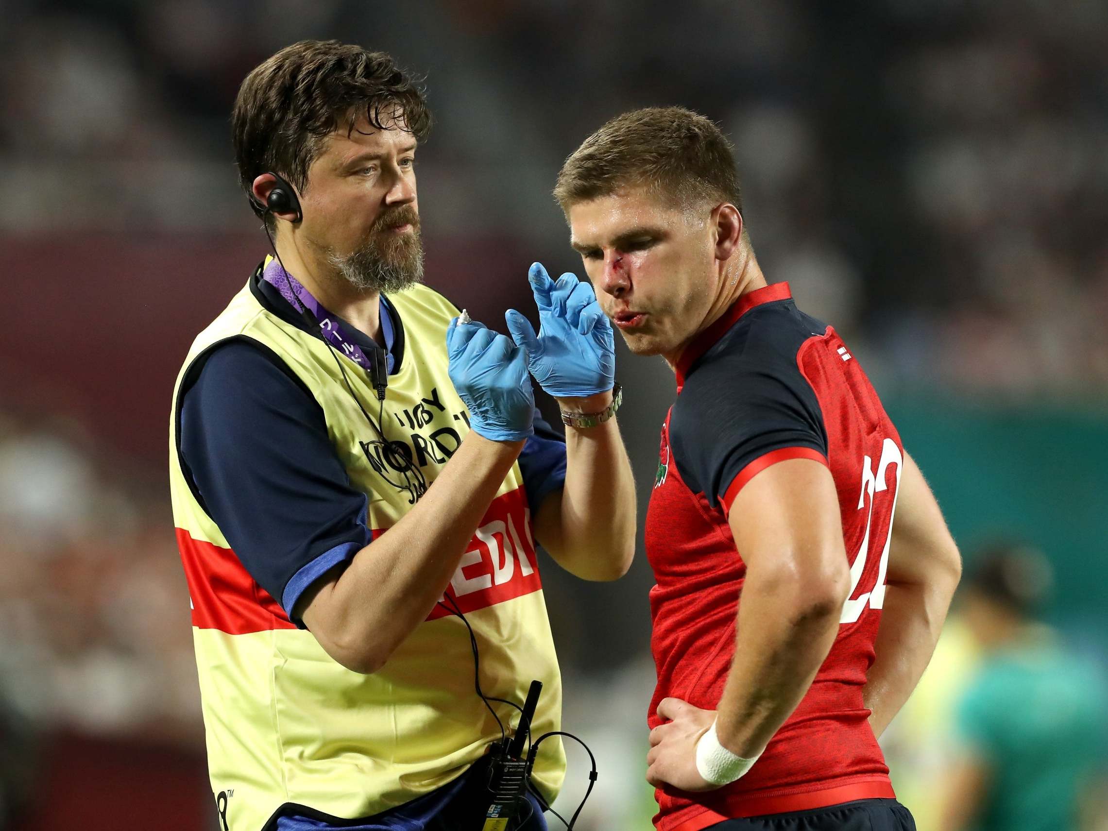 Owen Farrell needed treatment to a cut on his nose after the tackle