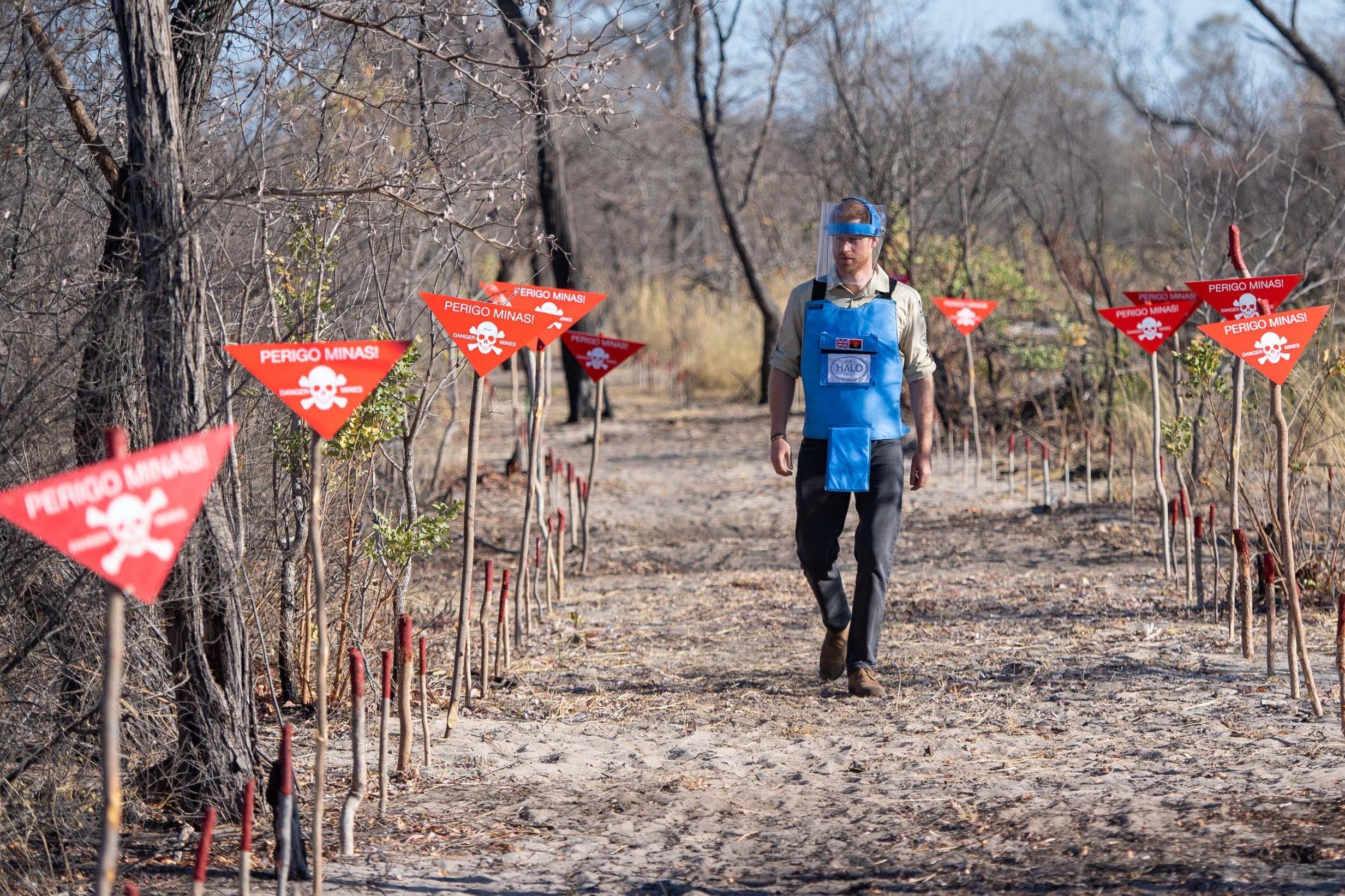 The Duke of Sussex walks through a minefield in Dirico, Angola, during a visit to see the work of landmine clearance charity the Halo Trust