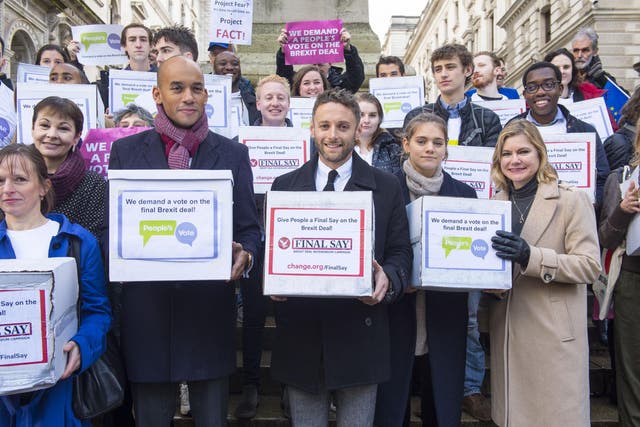 Editor of The Independent, Christian Broughton (pictured centre), prepares to deliver a petition of more than a million signatures to Downing Street in support of the Final Say campaign