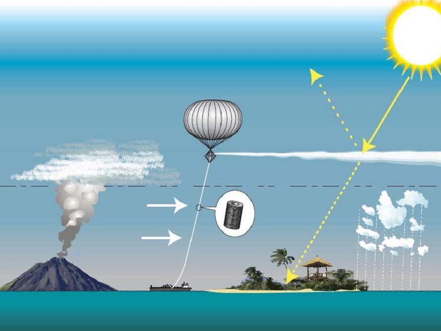 One idea (pictured) is to have a big hosepipe in the stratosphere which could spray out sulphur dioxide and block solar radiation from reaching Earth