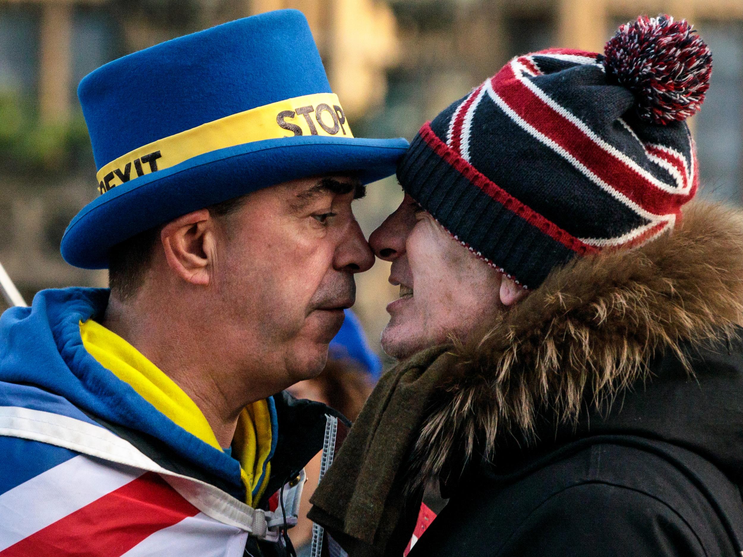 Bray argues with a pro-Brexit protester outside parliament in January