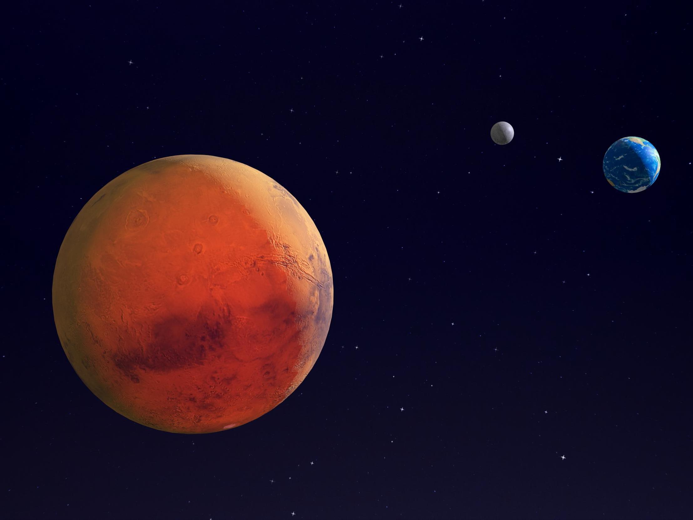 Mars, Earth and the Moon in space - 3d render - elements of this image furnished by NASA