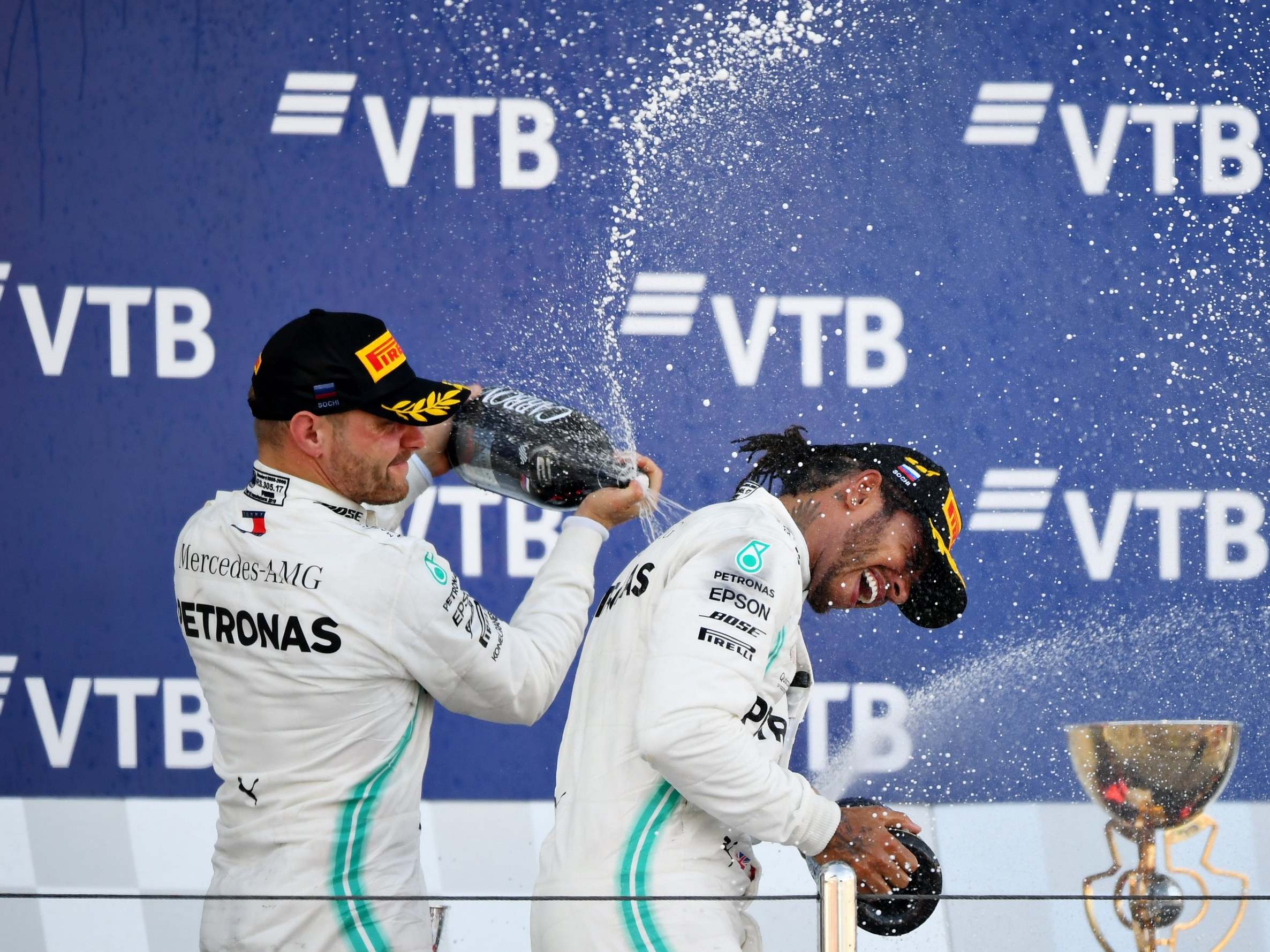 Valtteri Bottas congratulates Mercedes teammate Lewis Hamilton