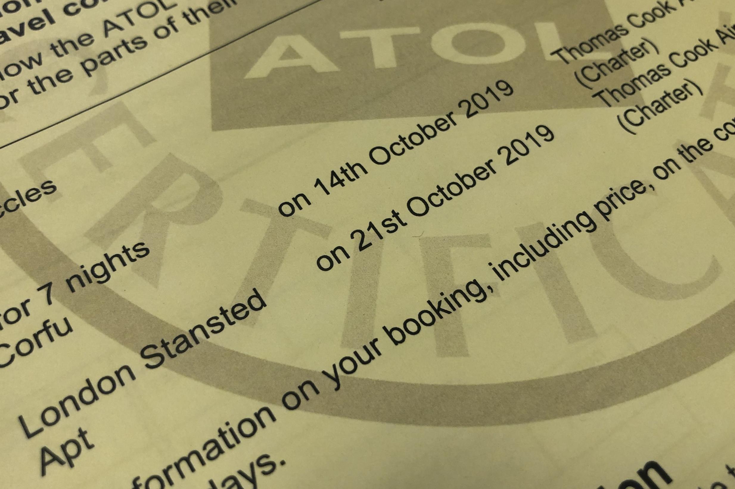 No go: an Atol certificate for a Thomas Cook holiday in October