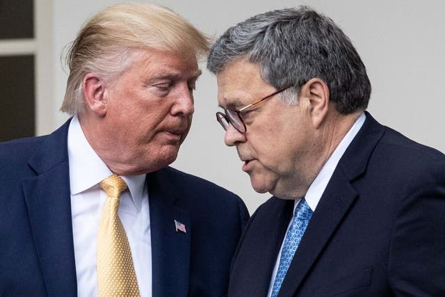 Donald Trump hands over the podium to William Barr while participating in an announcement on US citizenship and the census
