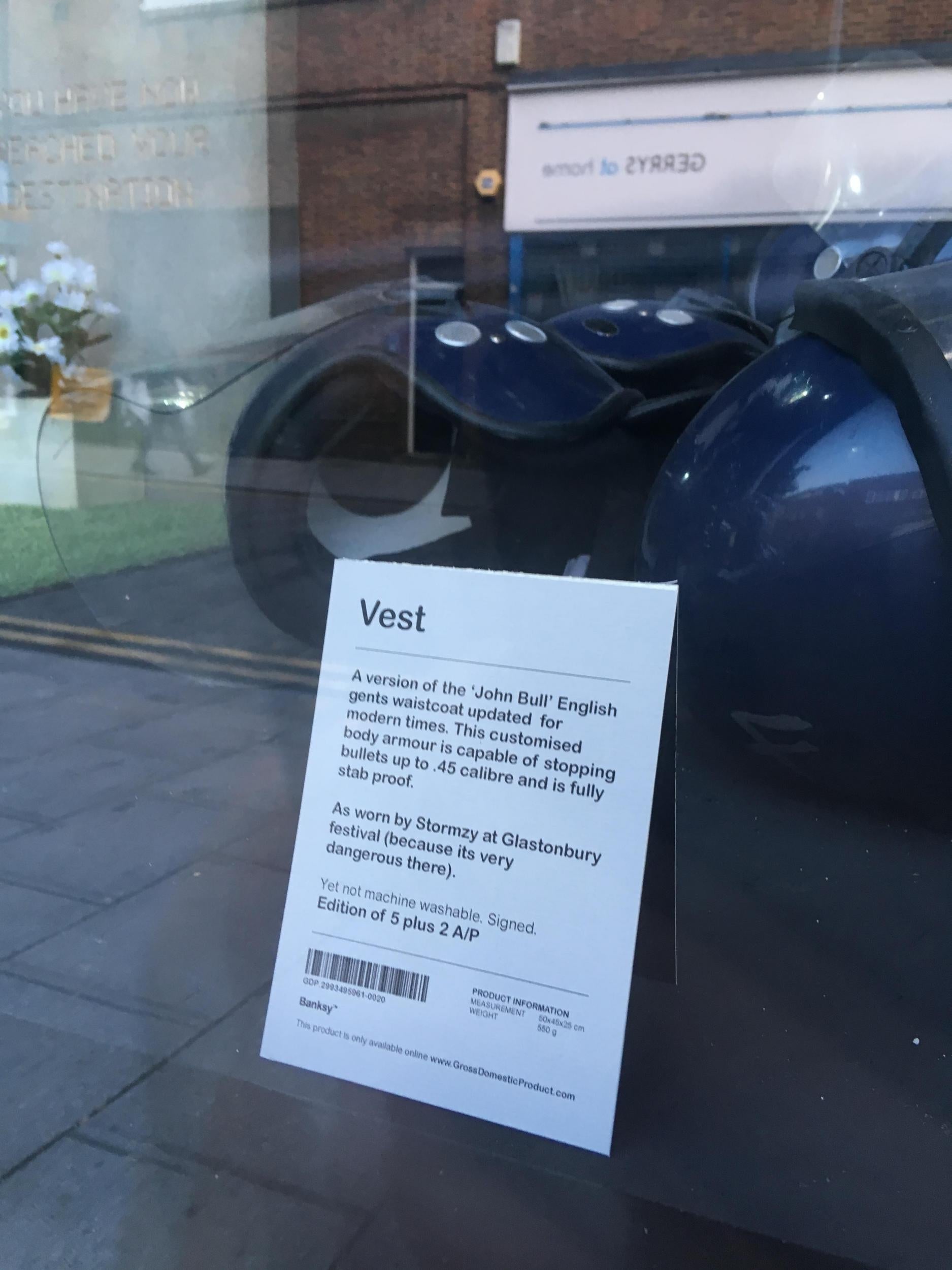 A sign on the ‘Banksy‘ installation describing Stormzy’s stab vest