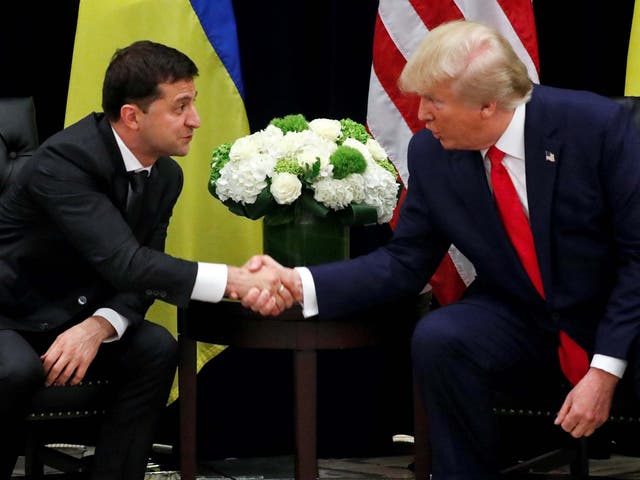 Ukraine's President Volodymyr Zelenskiy greets US President Donald Trump during a bilateral meeting on the sidelines of the 74th session of the United Nations General Assembly (UNGA) in New York City, New York, US, 25 September