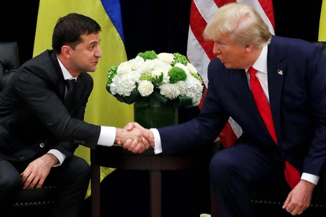 Ukraine's President Volodymyr Zelenskiy greets US President Donald Trump during a bilateral meeting on the sidelines of the 74th session of the United Nations General Assembly (UNGA) in New York City, New York, US, 25 September