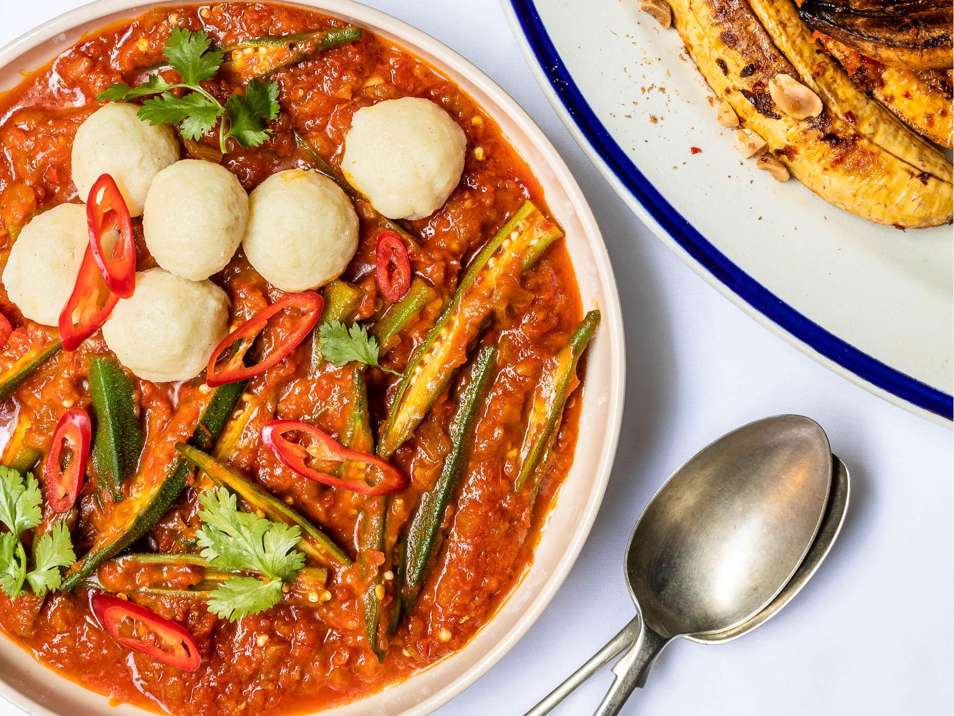 Tomatoes and habanero chillies give the plate a rich red hue