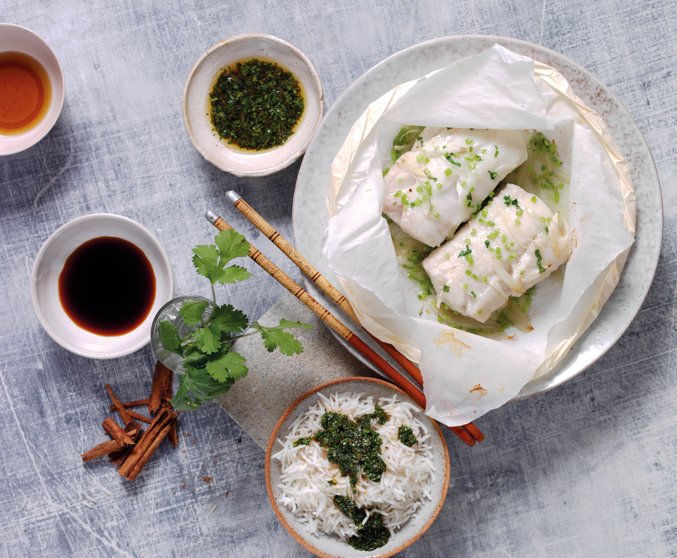 Michel Roux Jr's Norwegian haddock, baked with ginger and coriander, with steamed basmati rice