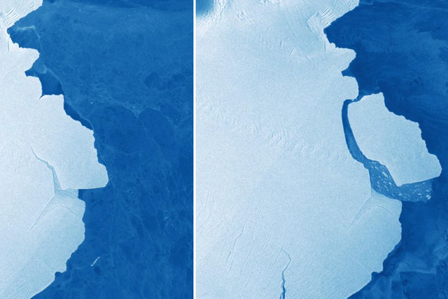 The iceberg is seen before and during the break – just five days apart