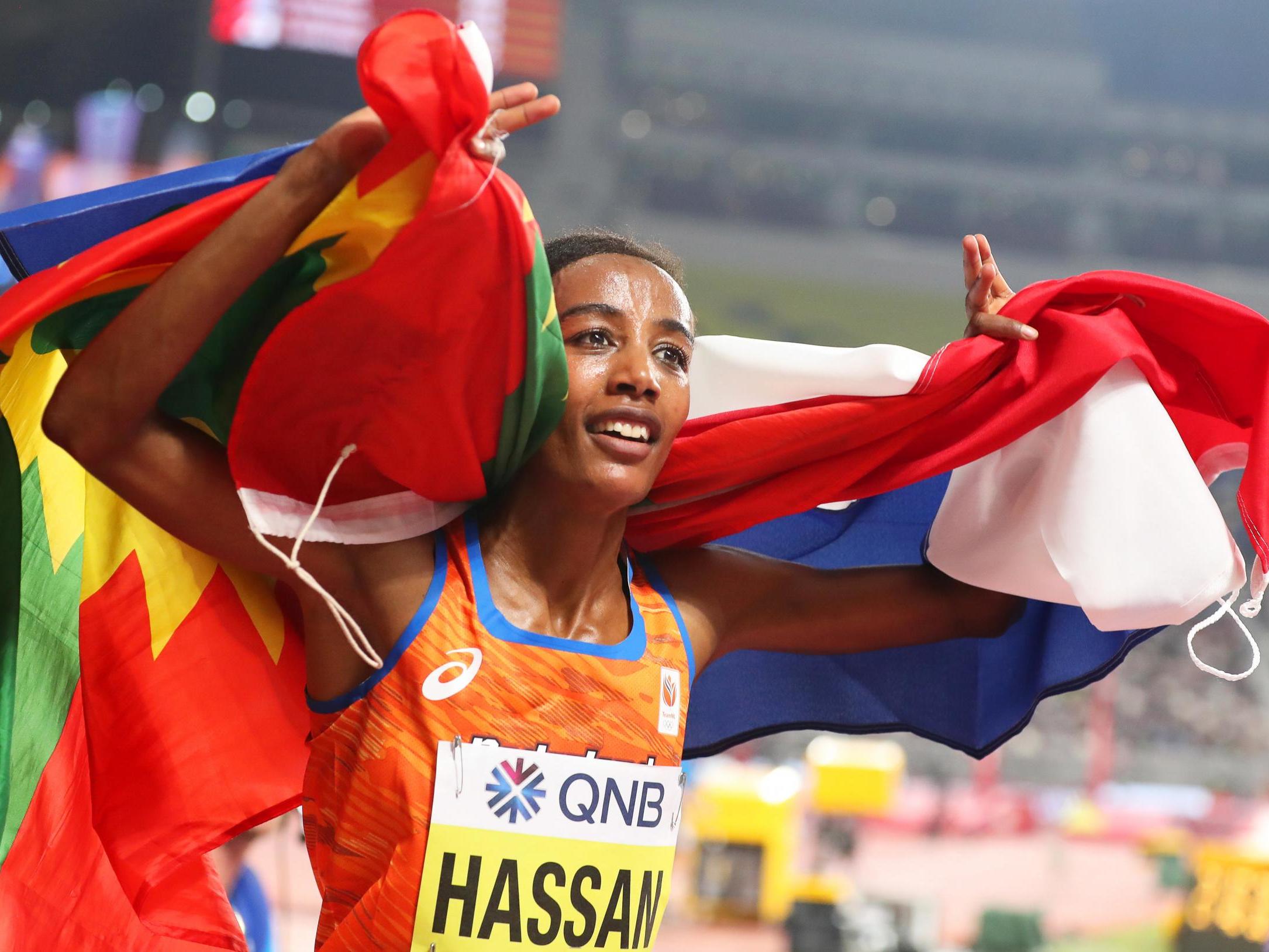 Siffan Hassan celebrates after winning the women’s 10,000m