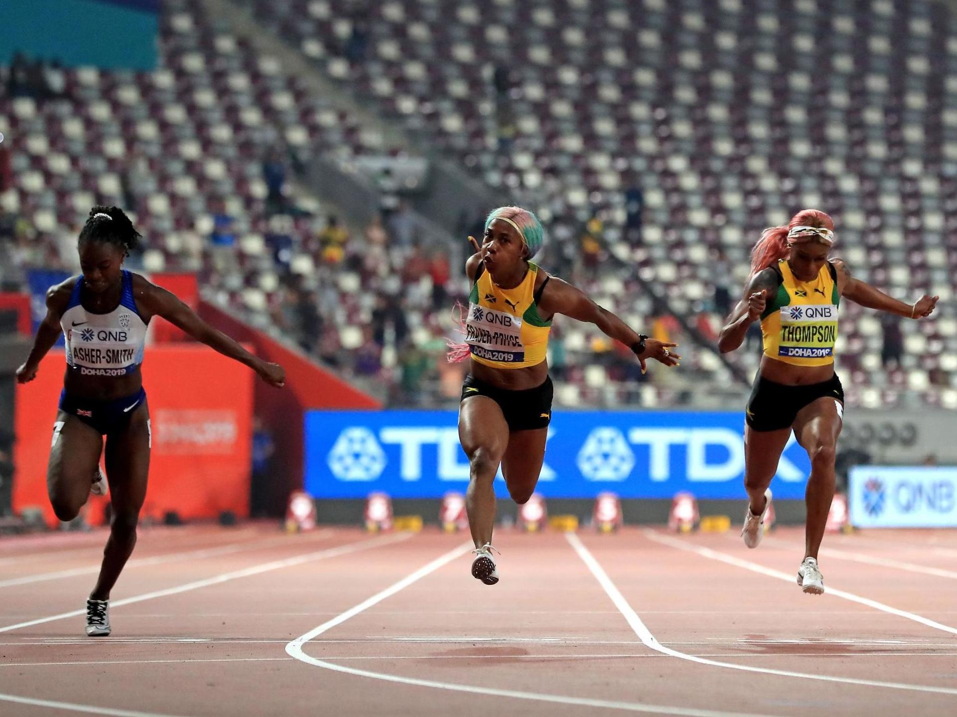 Shelly-Ann Fraser-Pryce wins the women’s 100m in front of an empty crowd in Doha