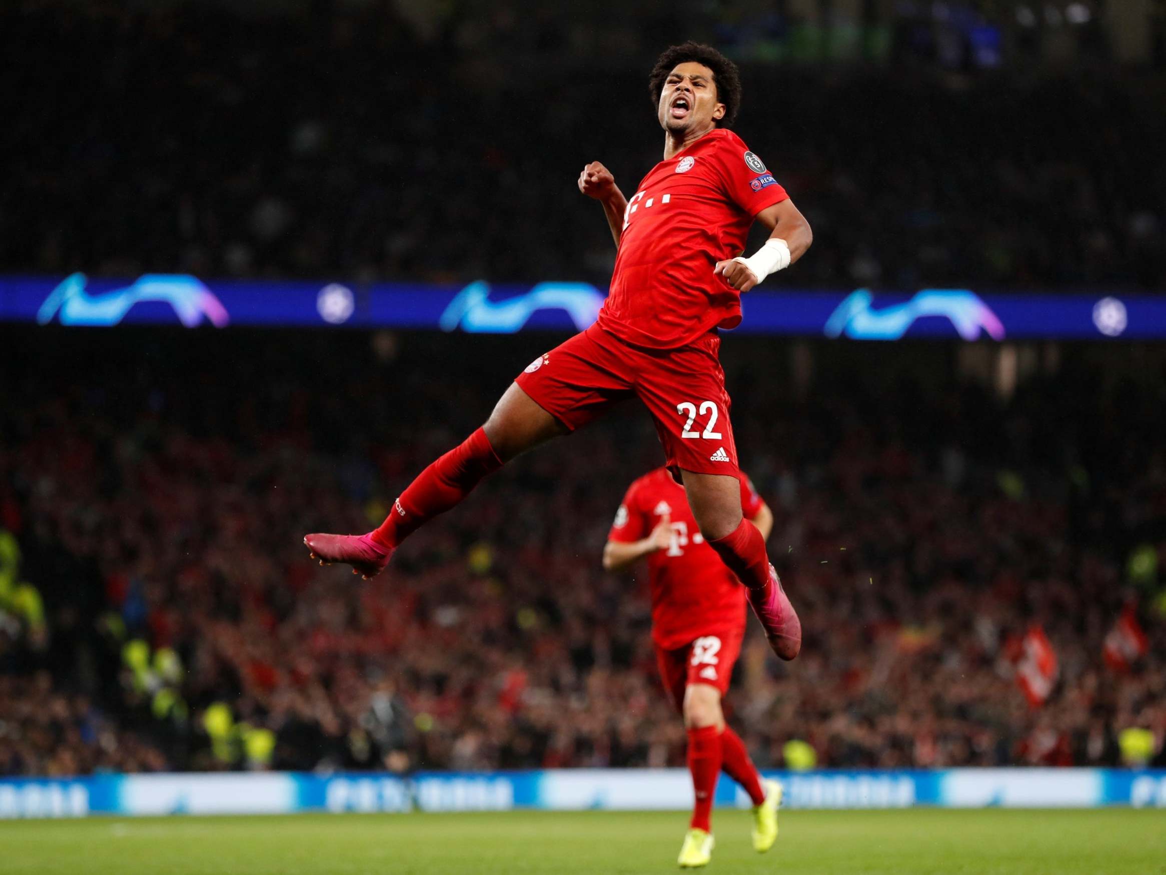 Serge Gnabry celebrates scoring for Bayern Munich