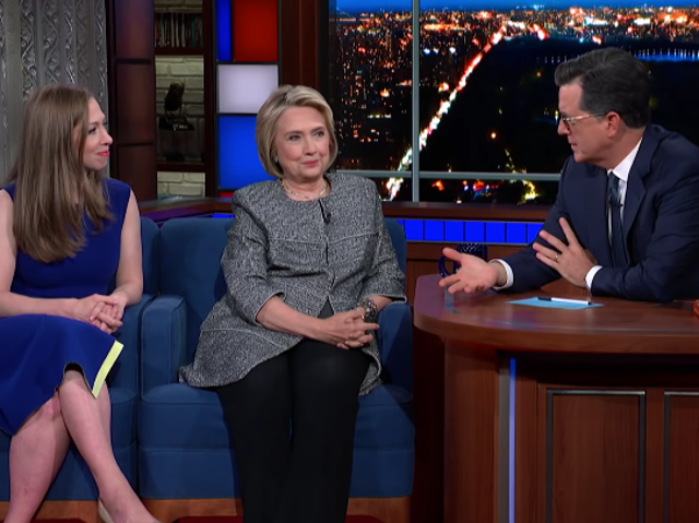 Chelsea Clinton, Hillary Clinton and Stephen Colbert on The Late Show with Stephen Colbert this week