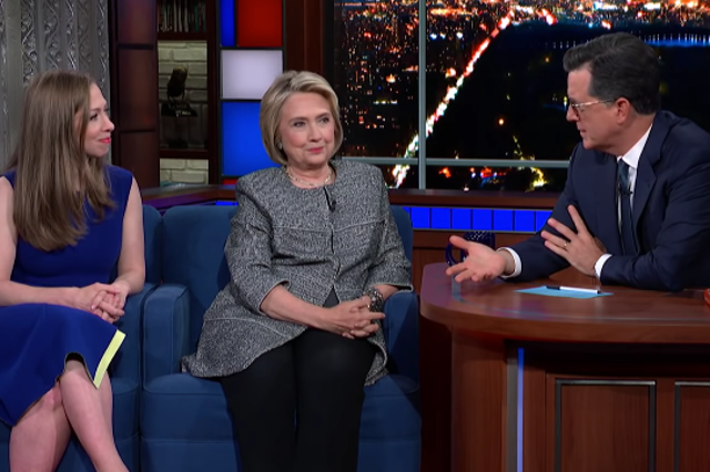 Chelsea Clinton, Hillary Clinton and Stephen Colbert on The Late Show with Stephen Colbert this week