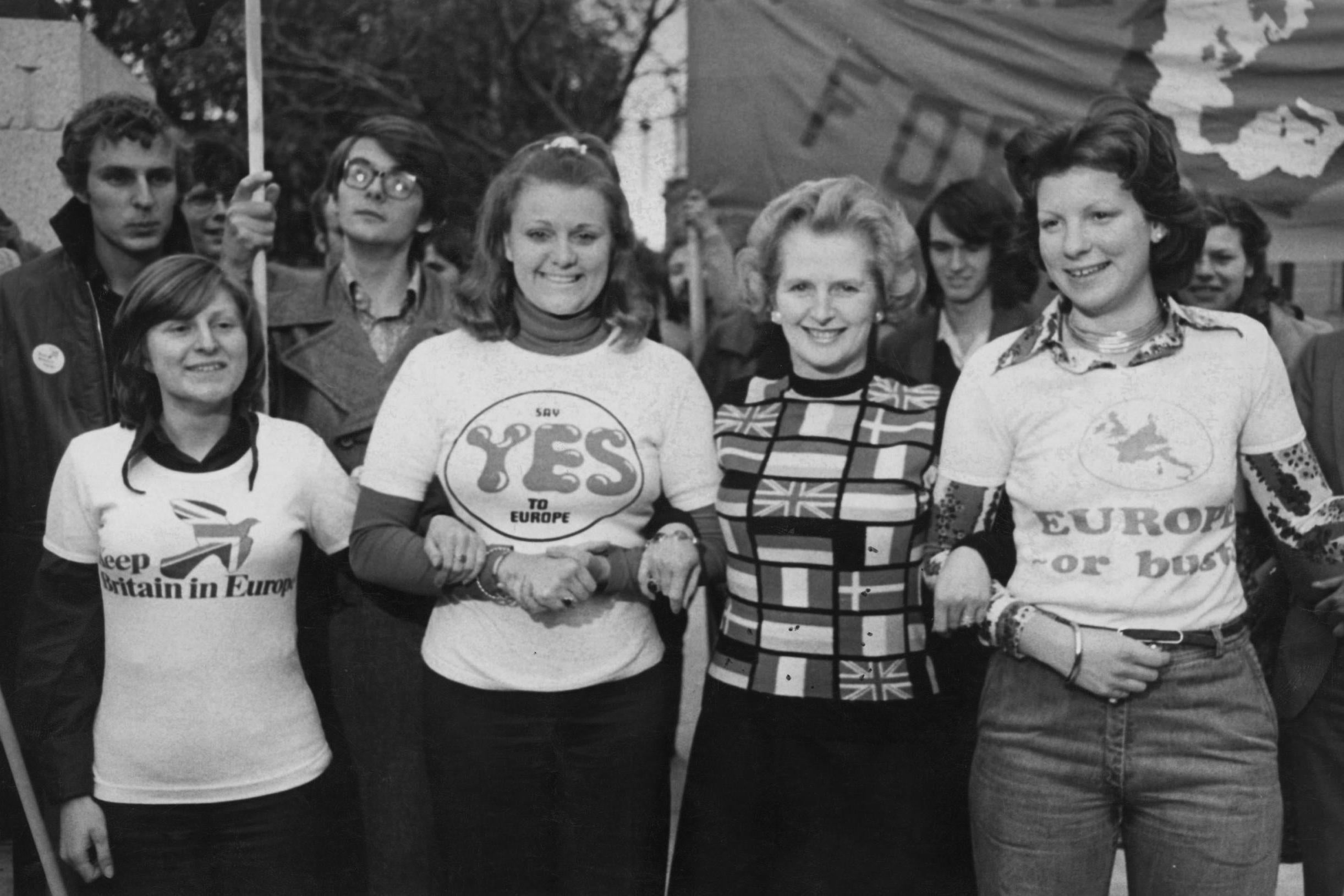 Newly-elected Margaret Thatcher (second right) lends her support to ‘Keep Britain in Europe’ campaigners in Parliament Square in June 1975 (Getty)