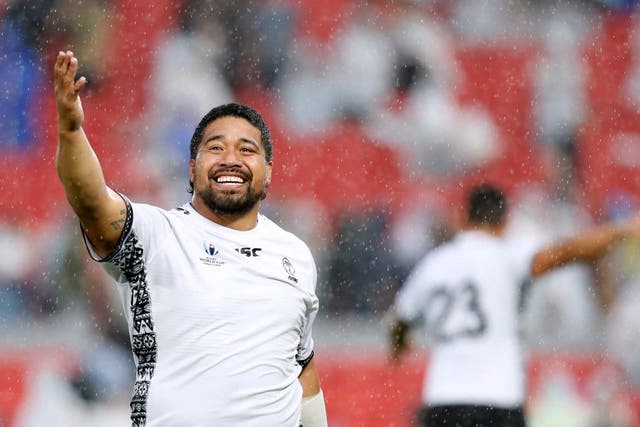 Fiji's Campese Ma'afu celebrates after the match