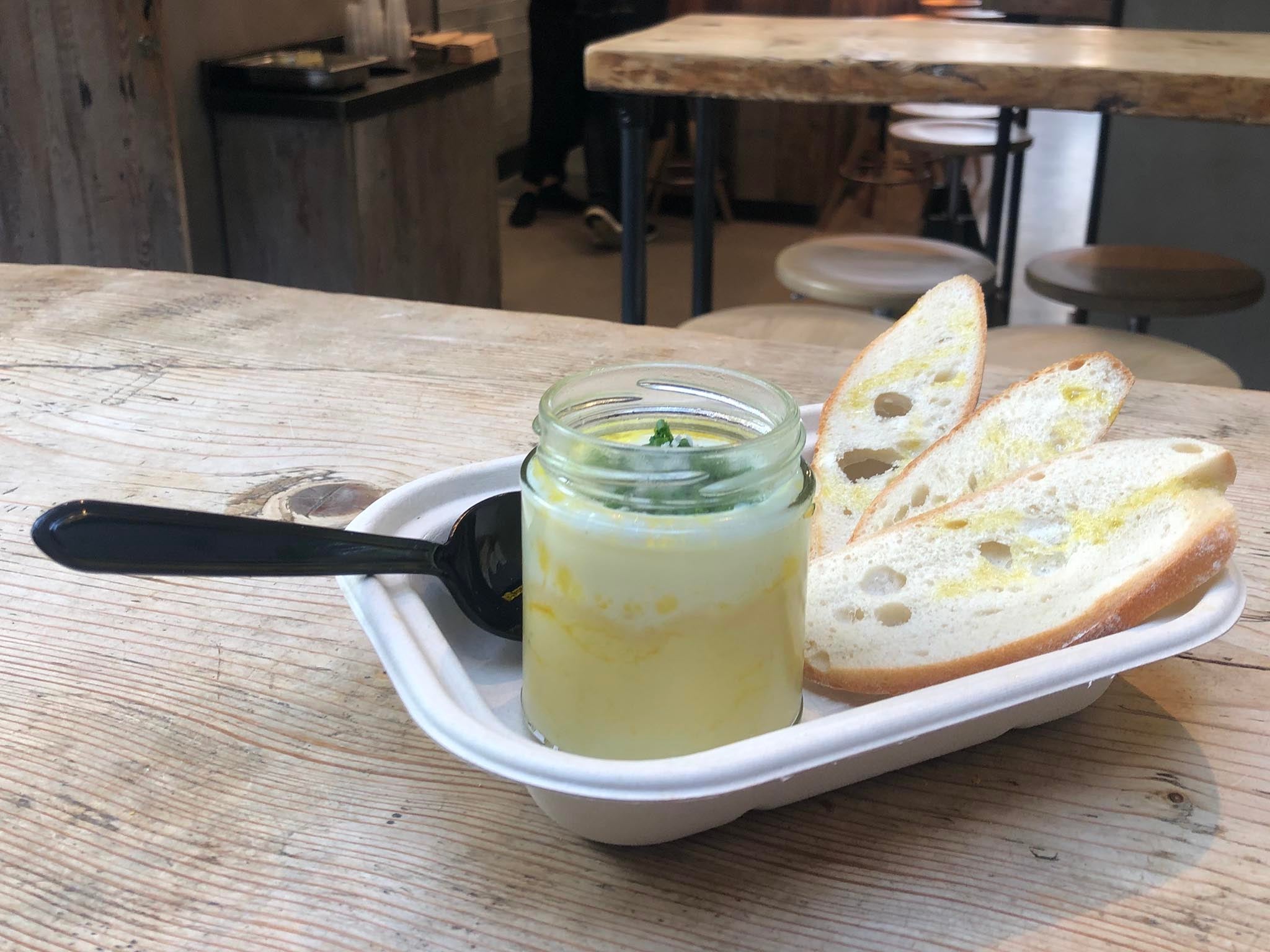 The ‘Slut’ is a coddled egg on top of pureed potato in a jam jar with some sad baguette slices