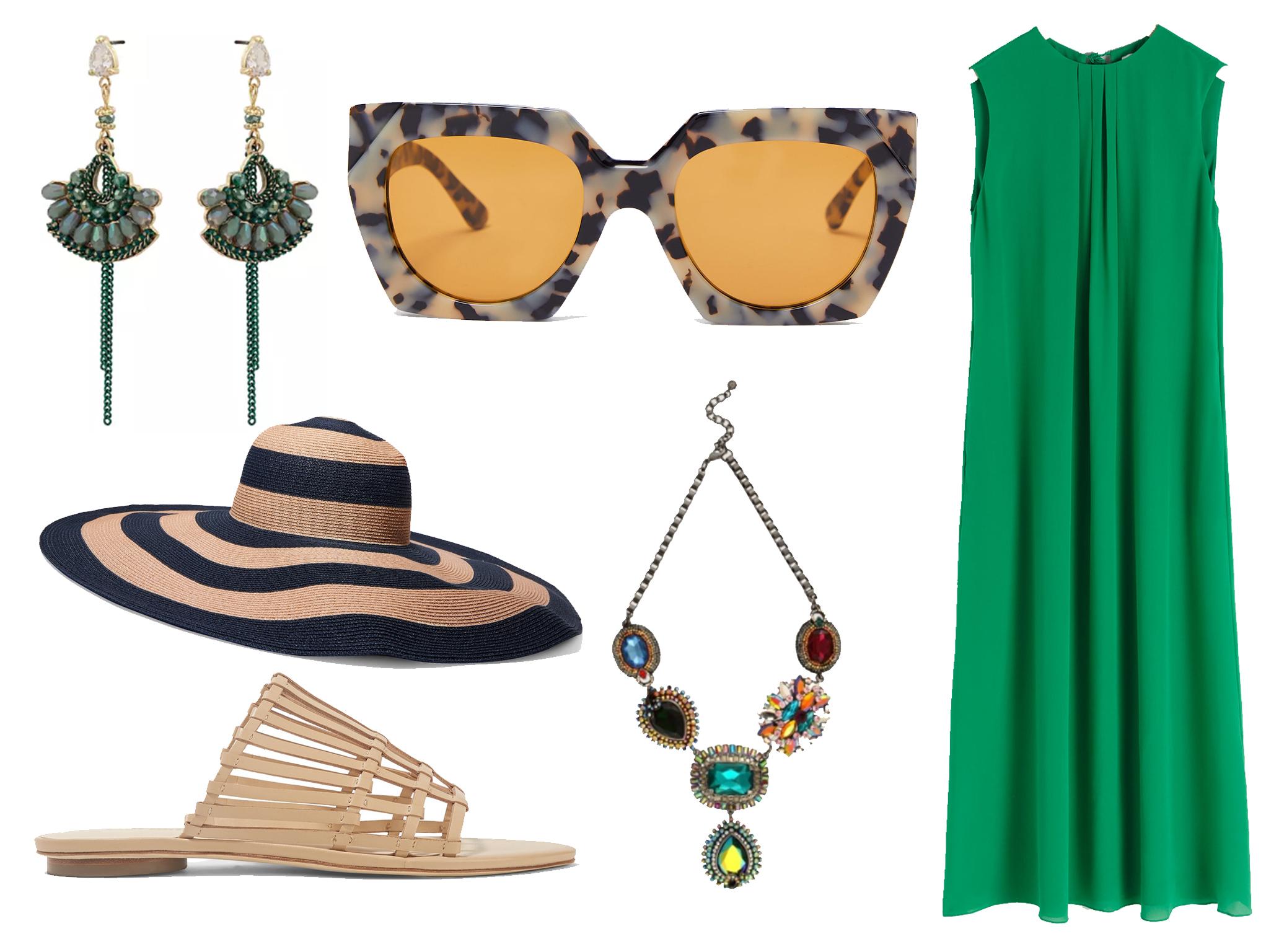 Oliver Bonas Rosetta beaded teardrop and chain drop earrings: £18, Eugenia Kim sunny striped paper-blend sun hat: £234, Cult Gaia Zoe woven leather sandals: £280, Ganni square-frame acetate sunglasses: £180, Butler &amp; Wilson crystal elaborate Y shape necklace: £198, &amp; Other Stories sleeveless silk midi Dress: £129.