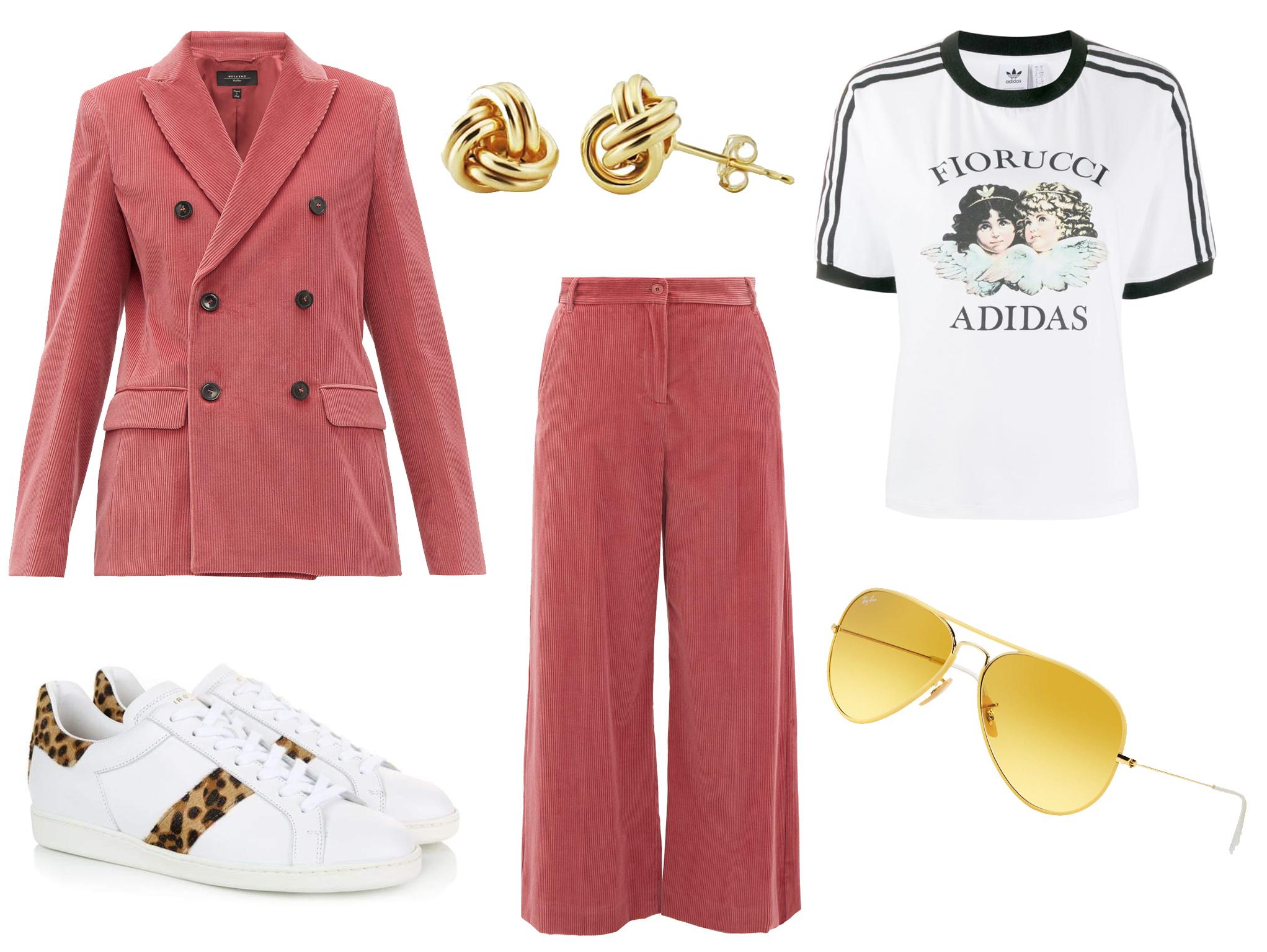 Weekend MaxMara Ometto blazer: £315, Air &amp; Grace Copeland white and leopard print trainers: £159, Auree Jewellery gold vermeil double knot study earrings: £68, Weekend MaxMara Padre trousers: £170, Urban Outfitters adidas Originals by Fiorucci three-stripes T-shirt: £38. Ray-Ban aviator: £153.