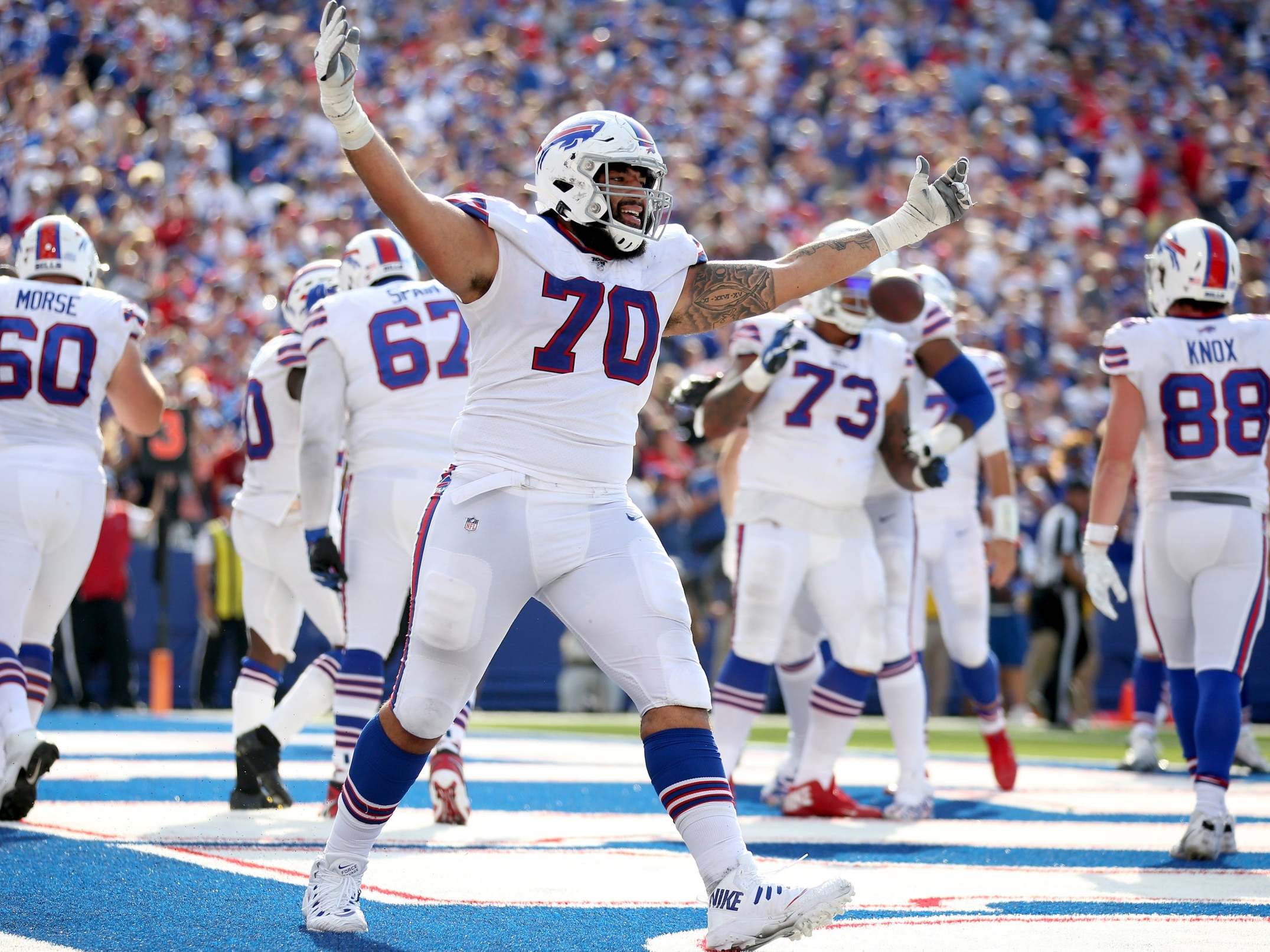 Cody Ford celebrates during his rookie season with the Bills