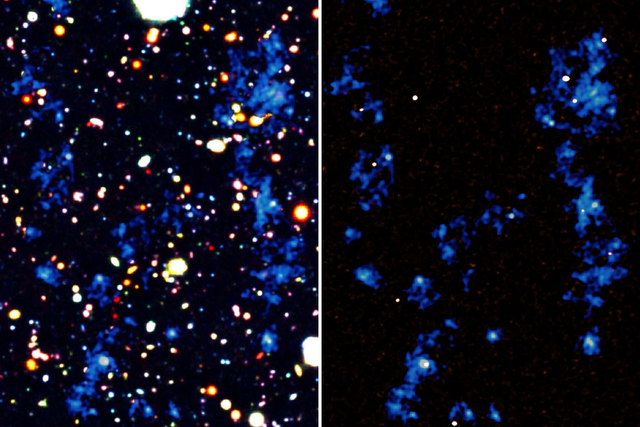 Undated map of gas filaments with white dots showing very active star-forming galaxies visible in this region of the night sky.