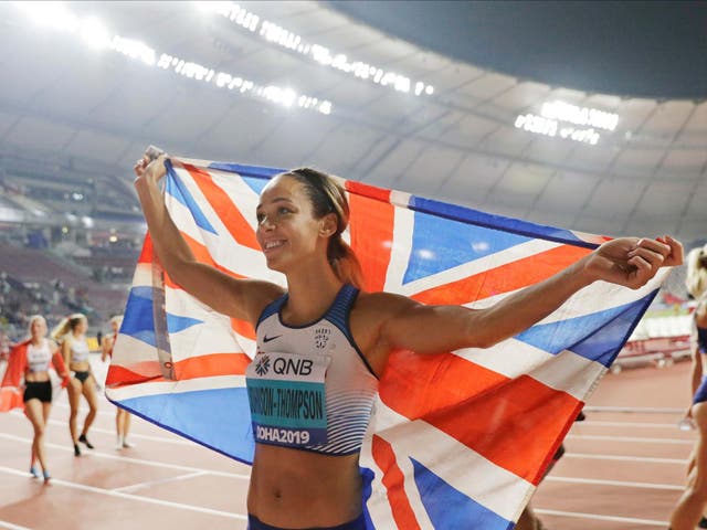 Katarina Johnson-Thompson celebrates her World Athletics Championships gold
