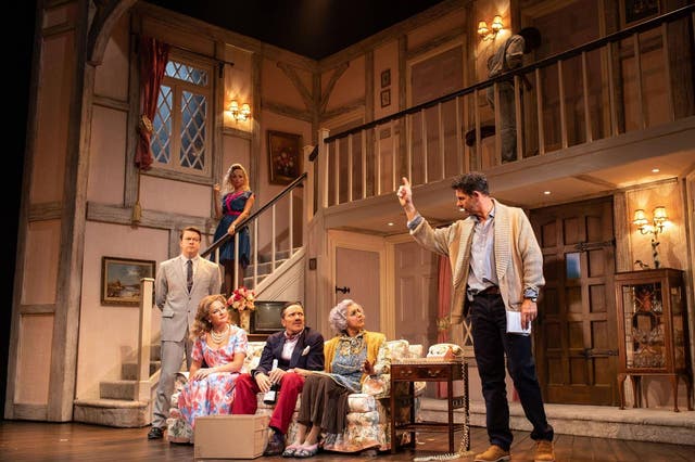 The cast of Noises Off perform at the Garrick Theatre, London's West End