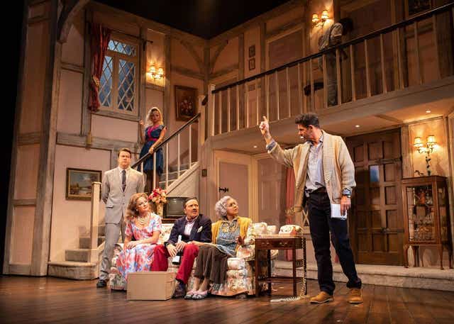 The cast of Noises Off perform at the Garrick Theatre, London's West End