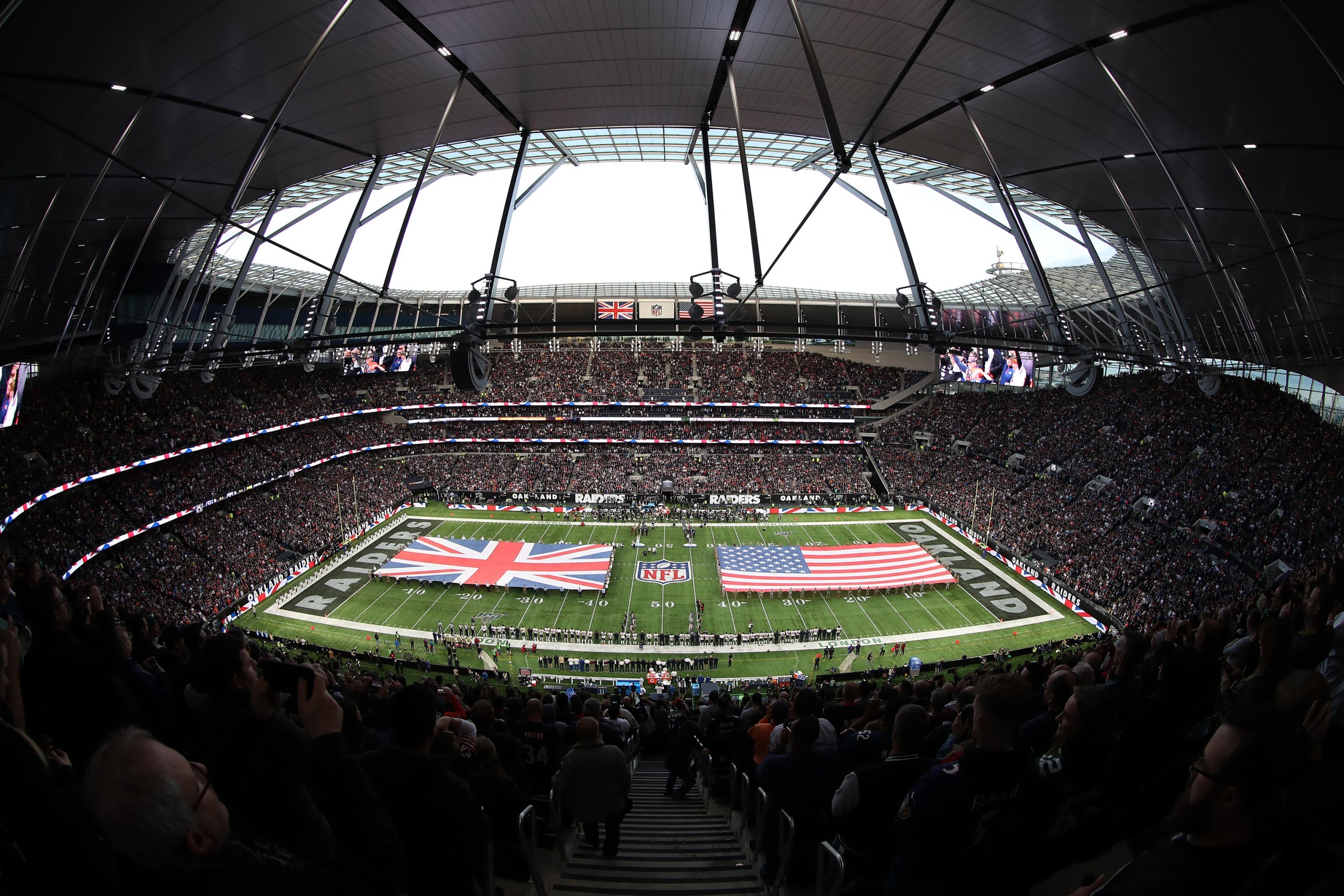 Tottenham Hotspur stadium is packed as the NFL release footage for Oakland  Raiders Chicago Bears