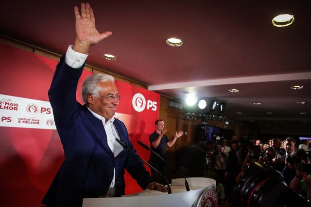 Portuguese prime minister and secretary general of the Socialist Party, Antonio Costa, celebrates after winning most seats in parliament