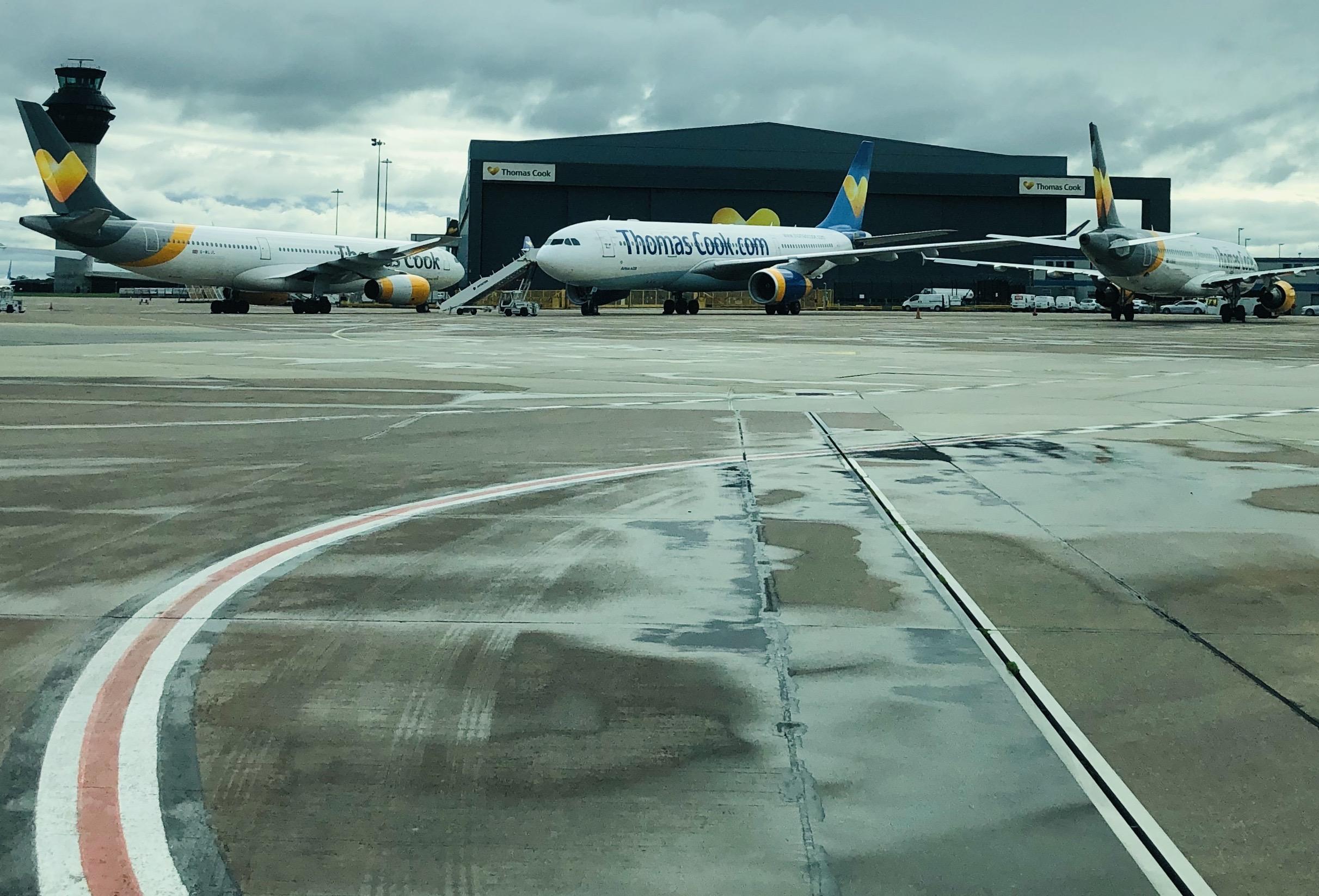 Going nowhere: Thomas Cook Airlines planes at Manchester airport. The company’s collapse will take 900,000 seats out of the market this winter