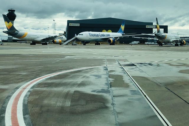 Going nowhere: Thomas Cook Airlines planes at Manchester airport. The company’s collapse will take 900,000 seats out of the market this winter