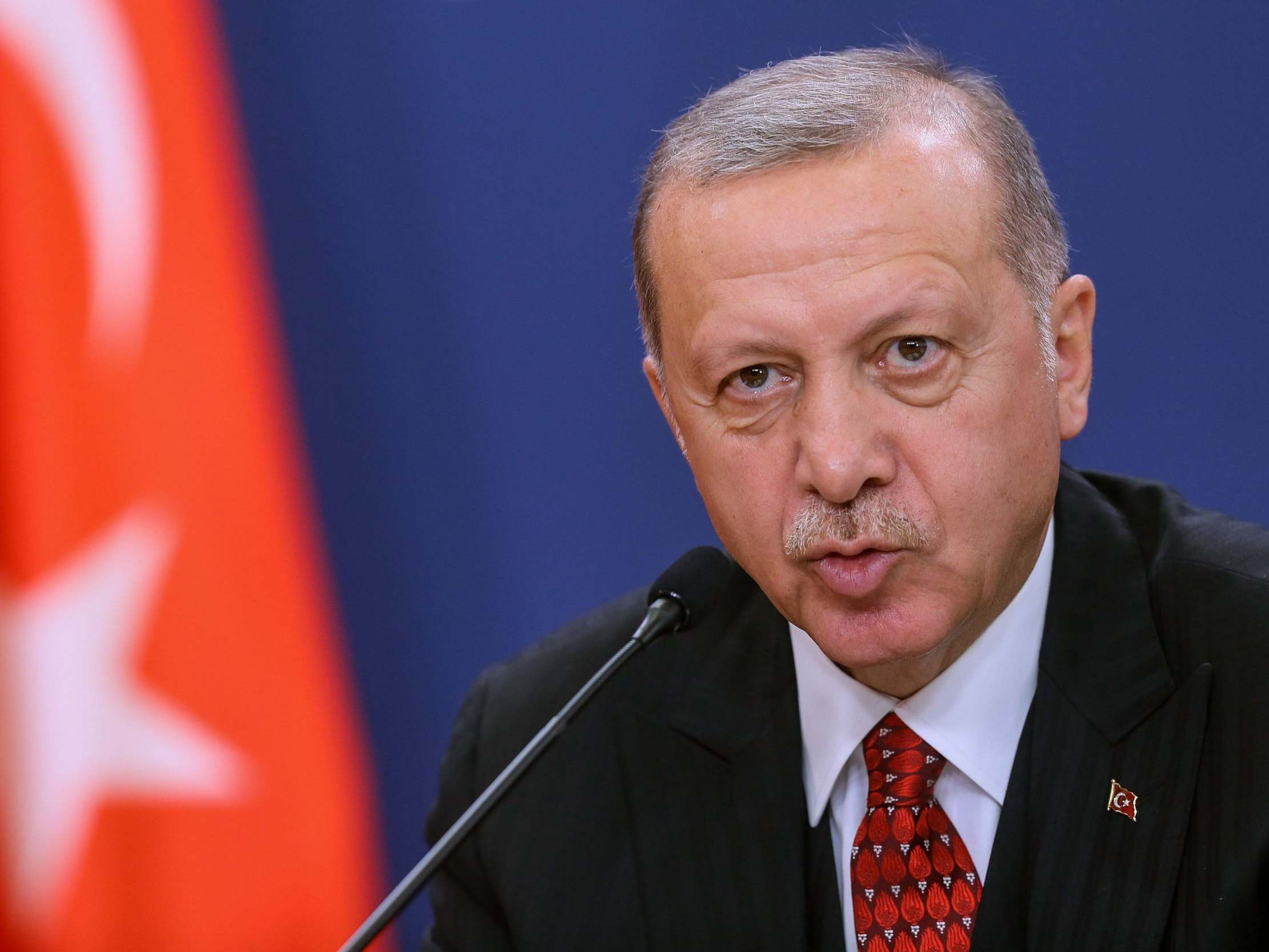 Recep Tayyip Erdogan speaks during a press conference in Belgrade on Monday