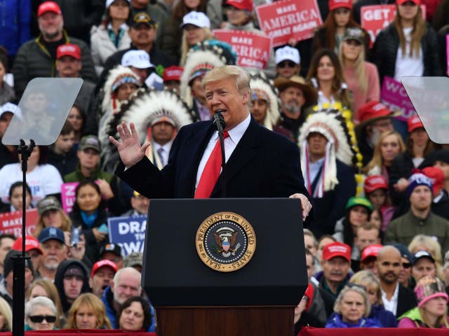 US president Donald Trump addresses a "Make America Great Again" rally at Bozeman Yellowstone International Airport, 3 November, 2018 in Belgrade, Montana.