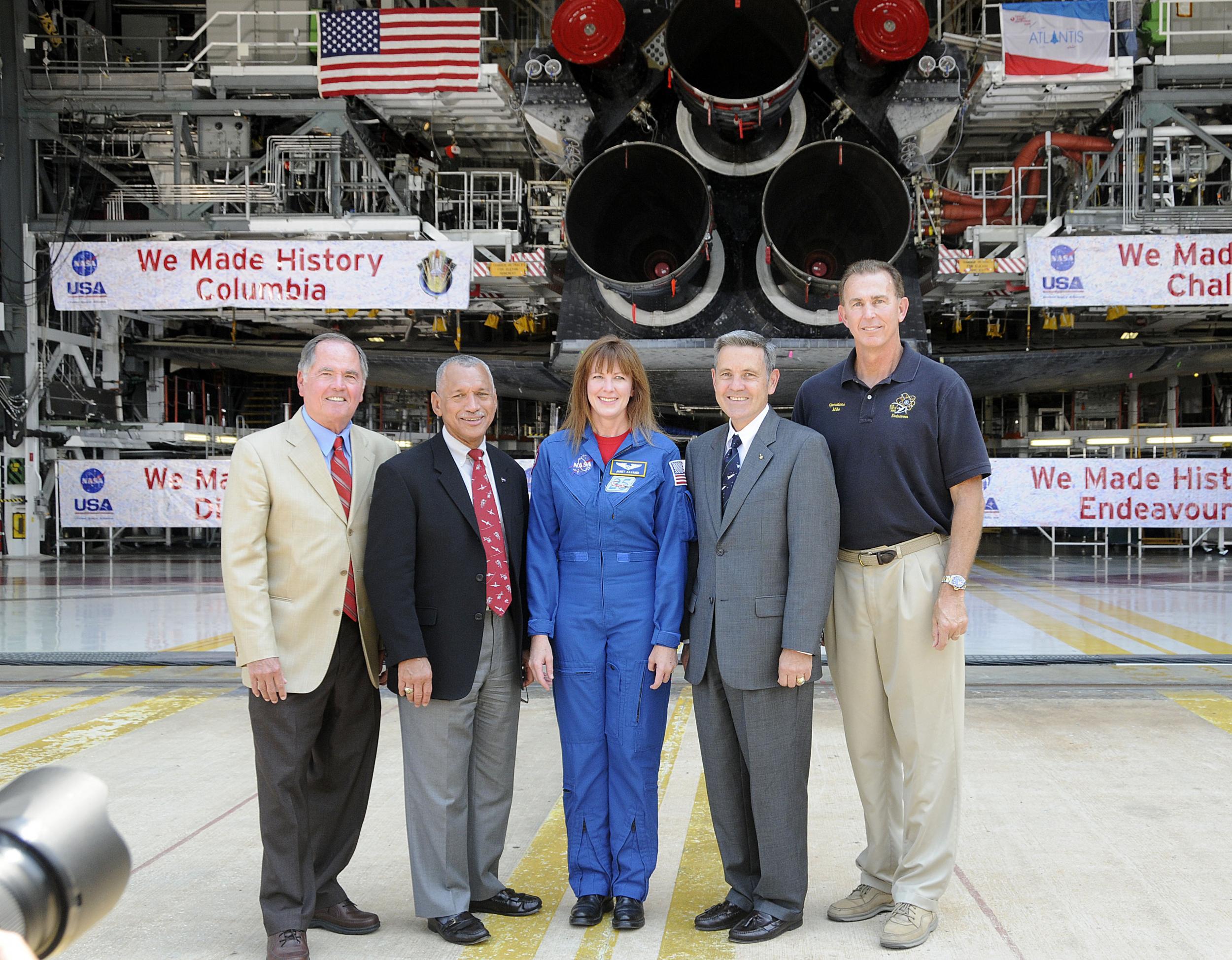 (L-R) Astronaut and pilot of first shuttle launch Bob Crippen, Nasa administrator Charles Bolden, Janet Kavandi, KSC director Bob Cabana and vehicle manager Mike Parrish in 2011