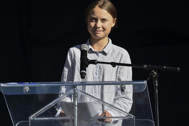 Greta Thunberg takes to the podium to address young activists and their supporters during the rally for action on climate change on 27 September, 2019 in Montreal, Canada.