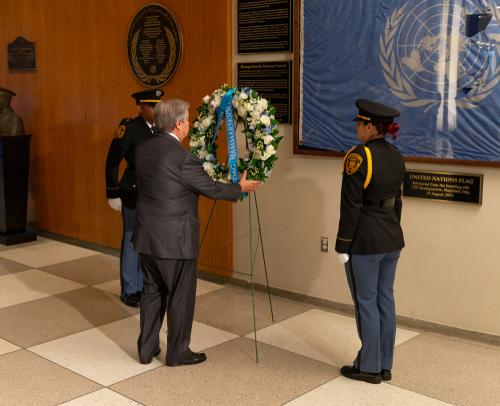 UN secretary-general Antonio Guterres lays a wreath in commemoration of former secretary-general Dag Hammarskjold at UN Headquarters