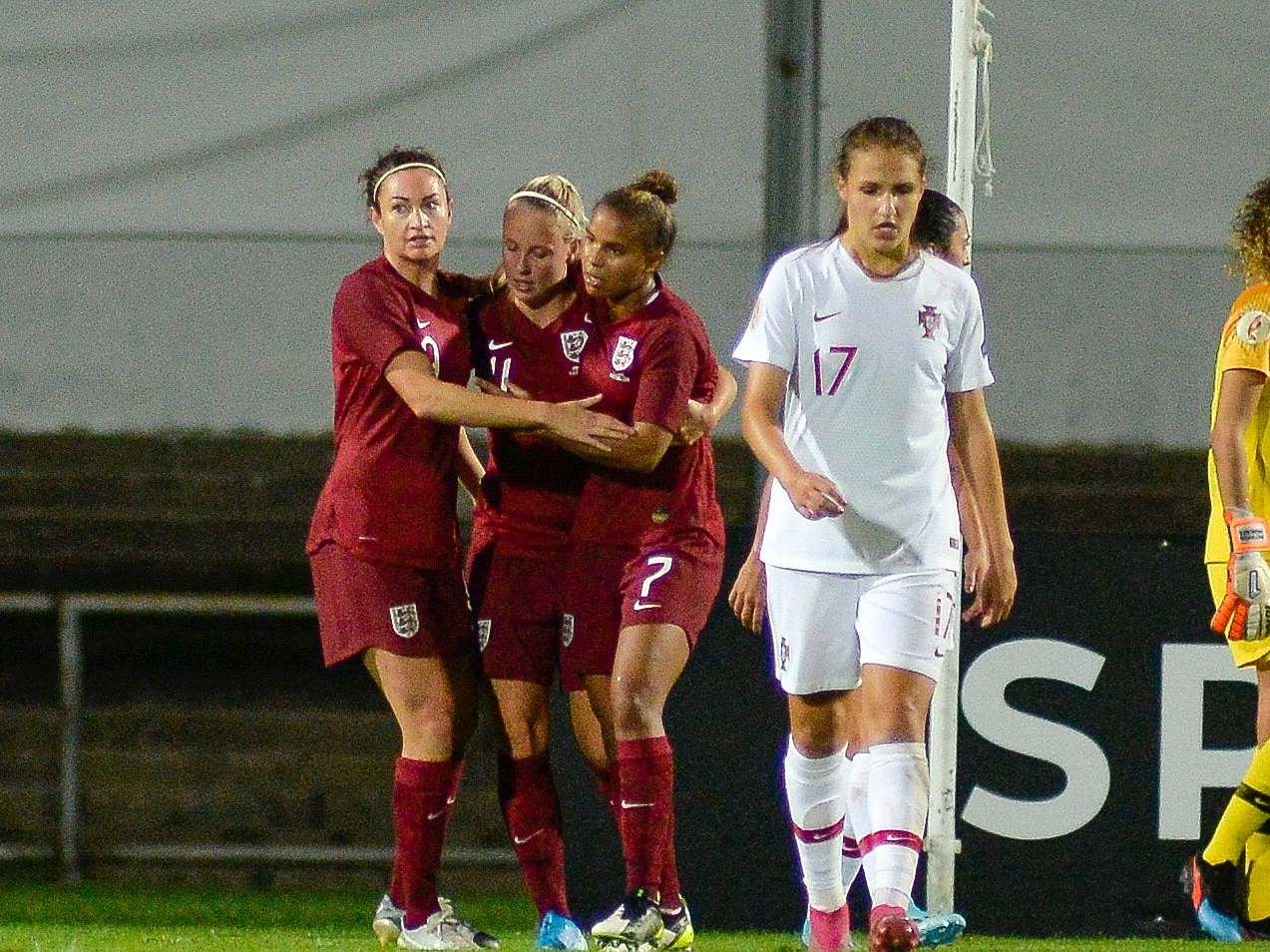 England celebrate after Beth Mead scores for the Lionesses